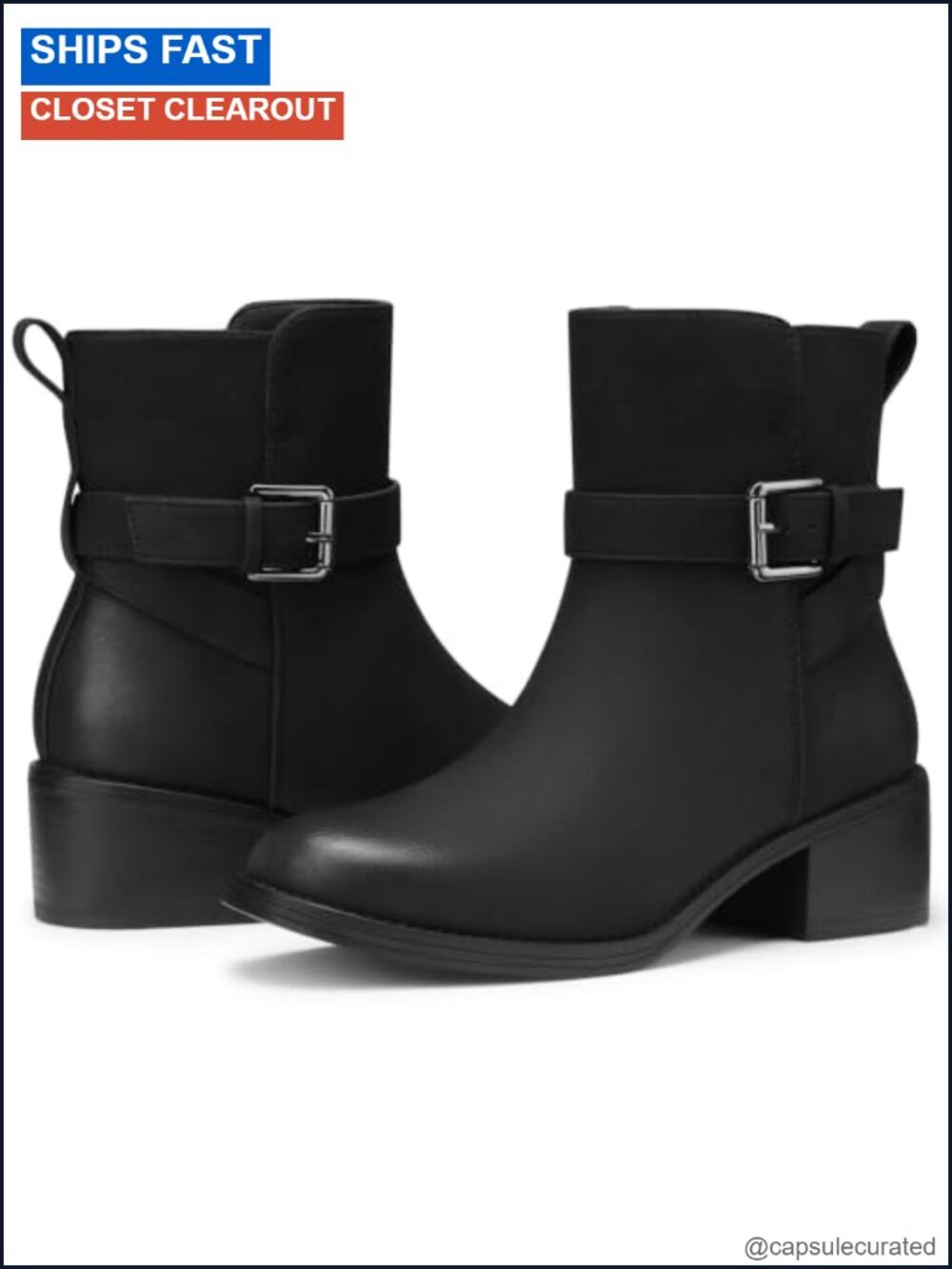 Women's Ankle Boots Low Heel Side Zipper Square Toe Faux Leather Motorcycle
